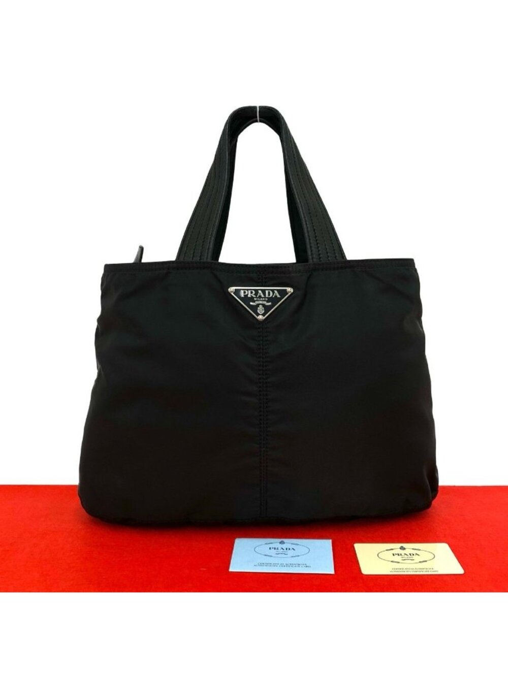 Prada Triangle Logo Tessuto Nylon Leather Handbag Mini Tote Black with Card - Picture 1 of 10